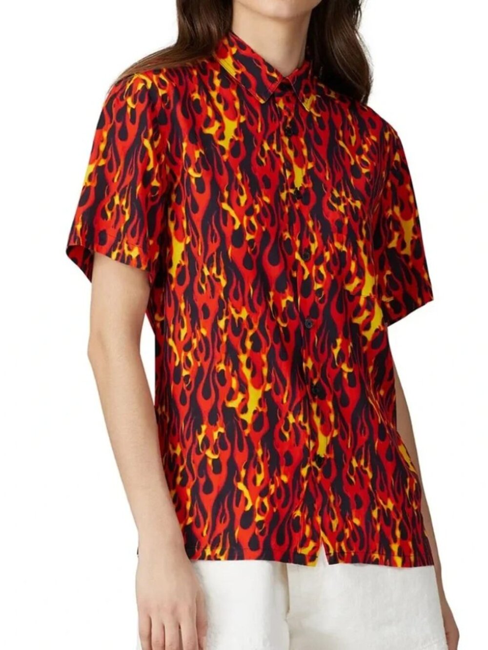 R13 Flame Tony Short Sleeve Shirt Luxury Button Up retro Red Orange Black Fire M